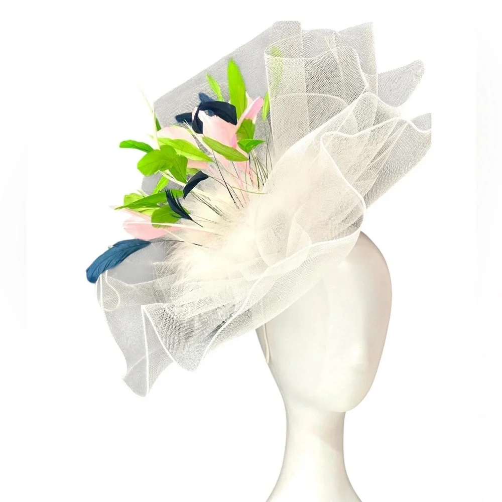 Elegant White Fascinator with Pink and Blue Accents